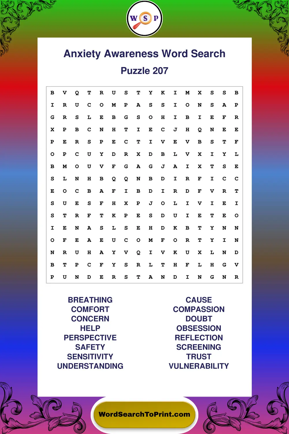 Anxiety Awareness Word Search Puzzle 207