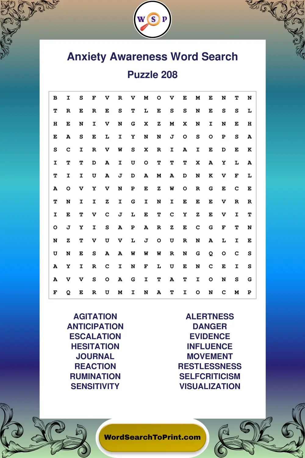 Anxiety Awareness Word Search Puzzle 208