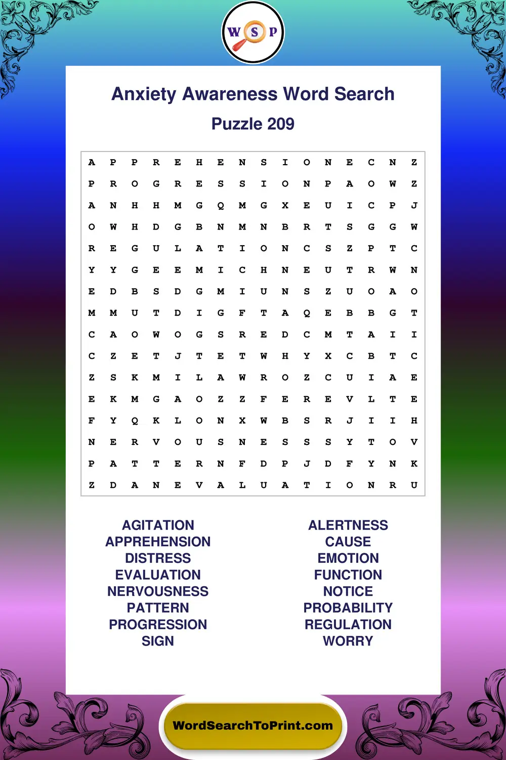 Anxiety Awareness Word Search Puzzle 209