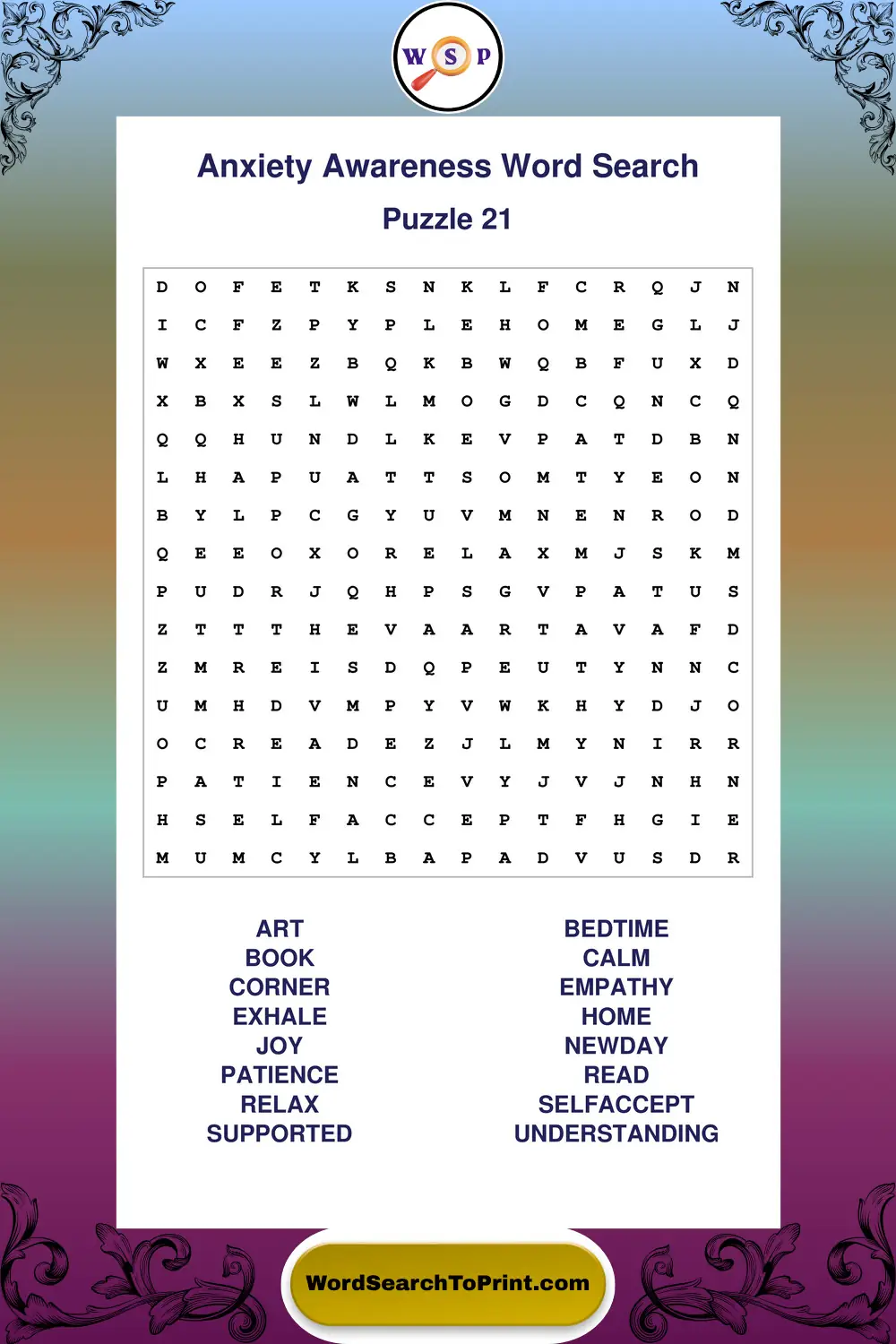 Anxiety Awareness Word Search Puzzle 21
