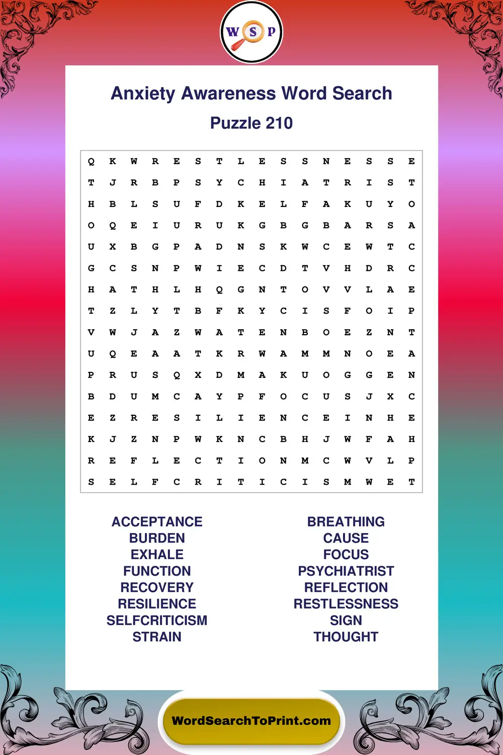 Anxiety Awareness Word Search Puzzle 210