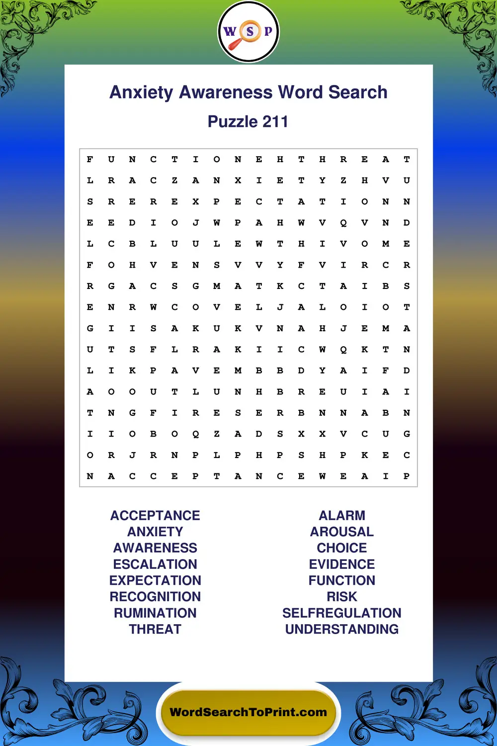 Anxiety Awareness Word Search Puzzle 211