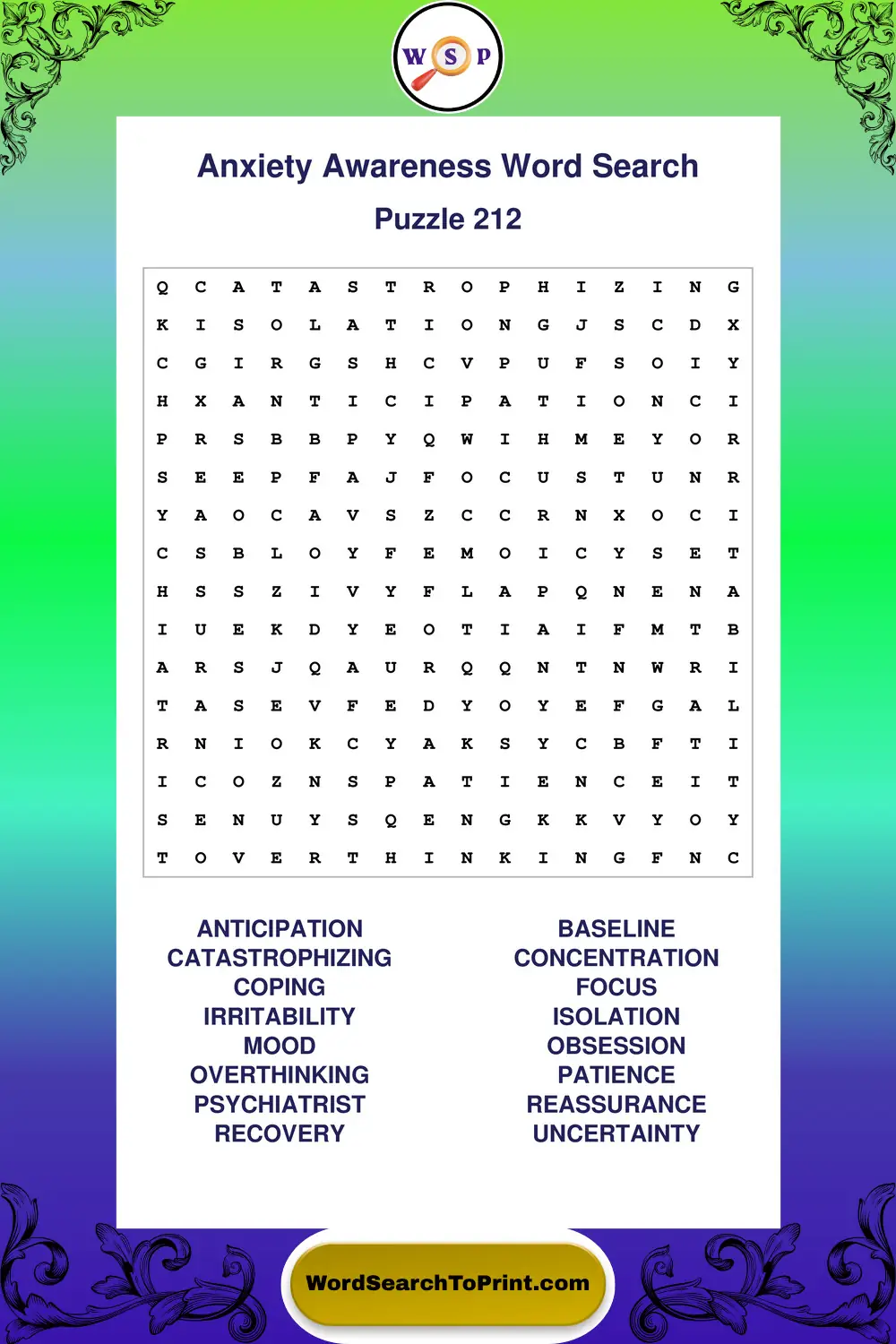 Anxiety Awareness Word Search Puzzle 212