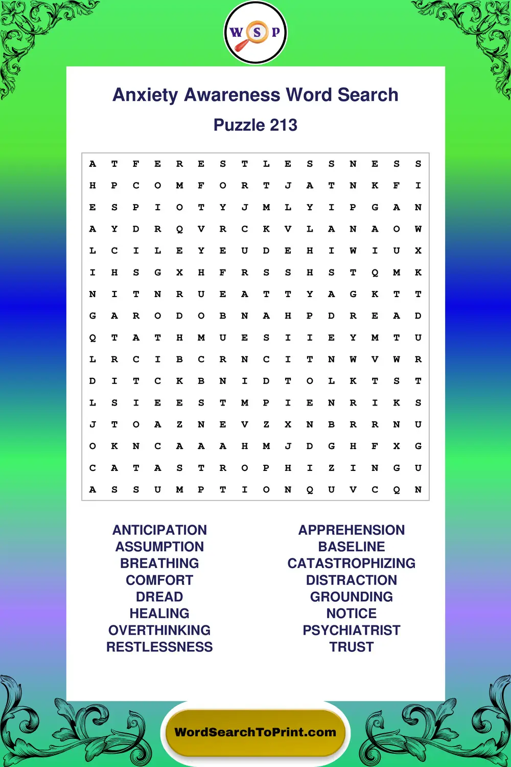 Anxiety Awareness Word Search Puzzle 213