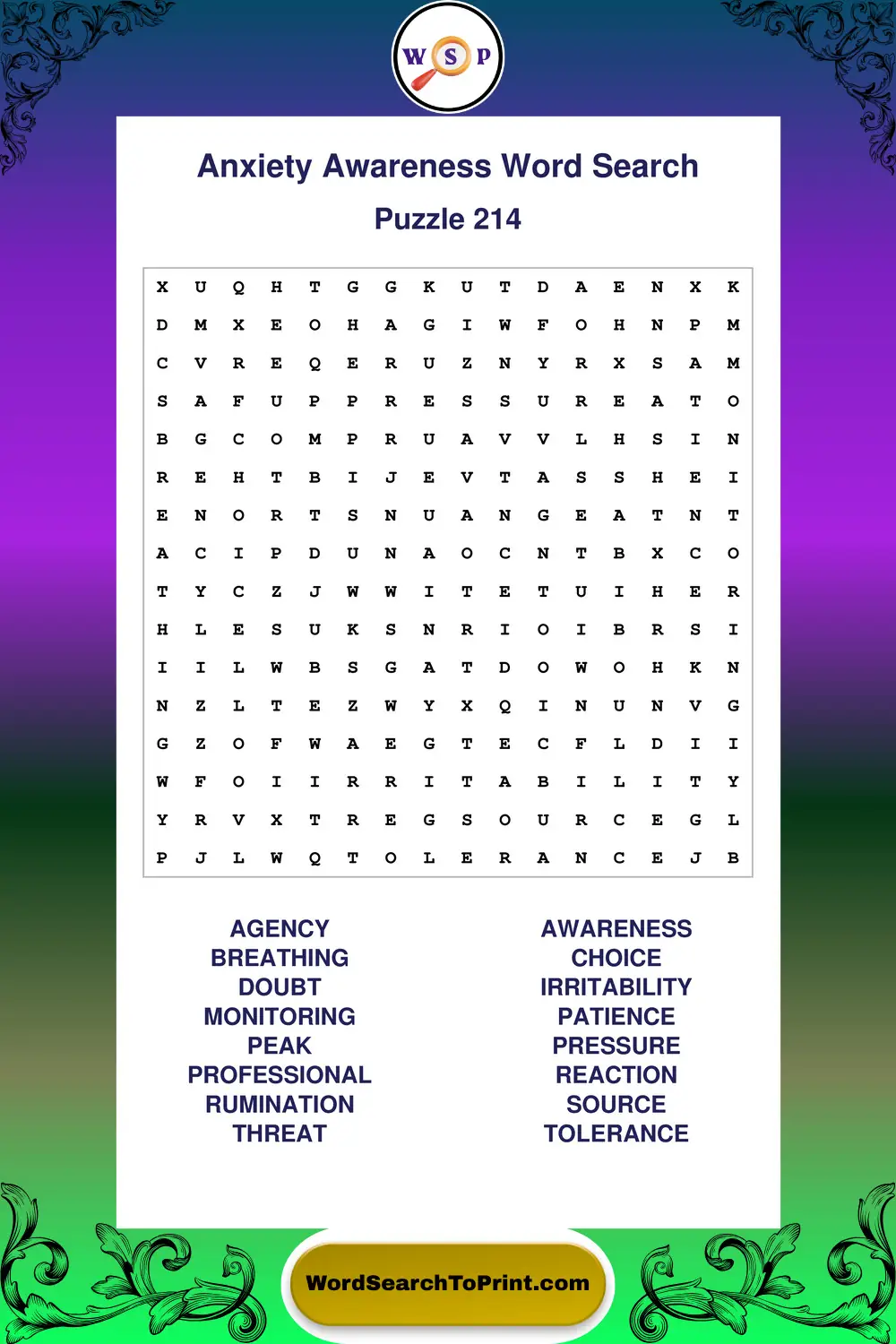 Anxiety Awareness Word Search Puzzle 214