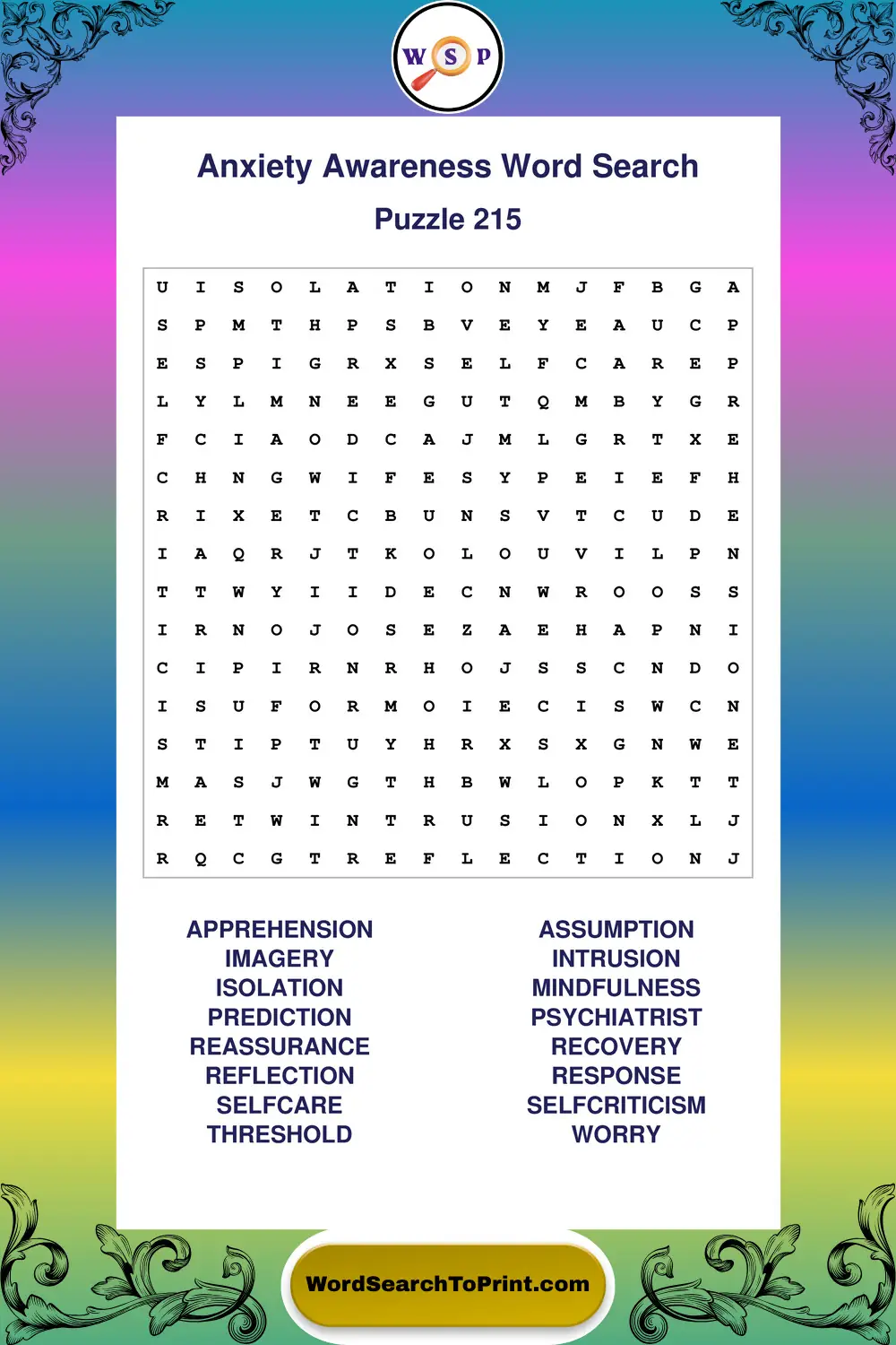 Anxiety Awareness Word Search Puzzle 215