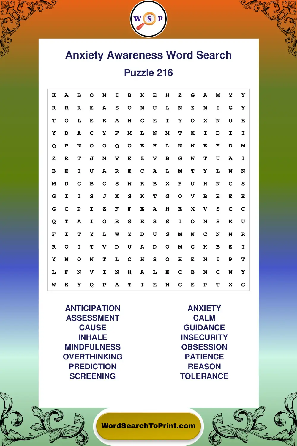 Anxiety Awareness Word Search Puzzle 216