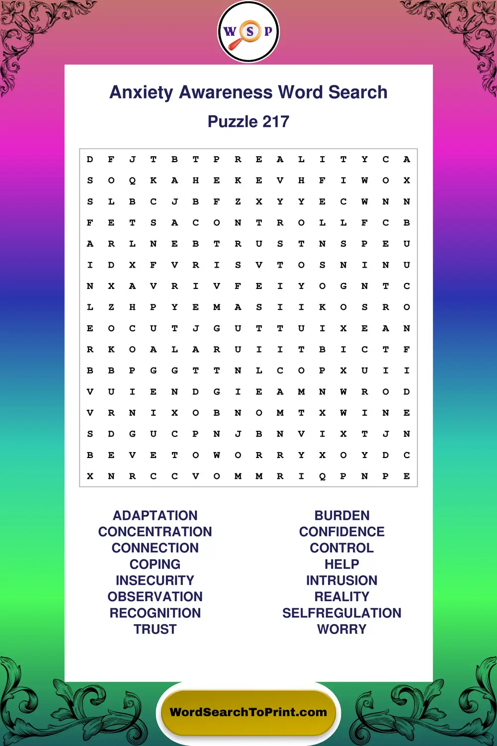 Anxiety Awareness Word Search Puzzle 217