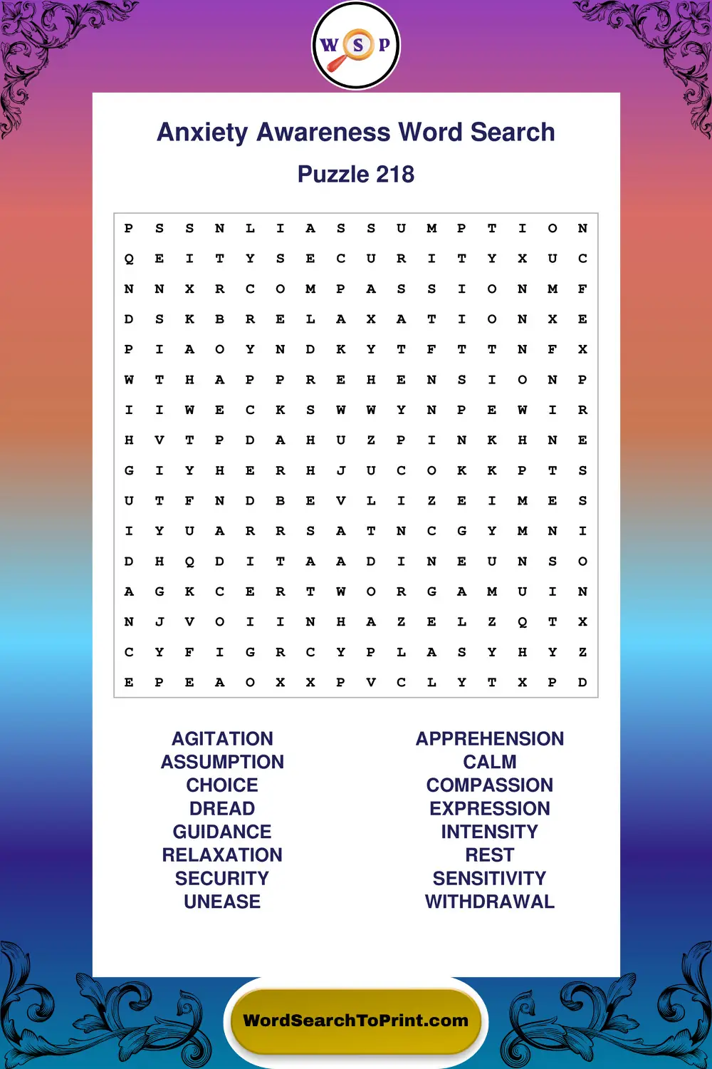 Anxiety Awareness Word Search Puzzle 218