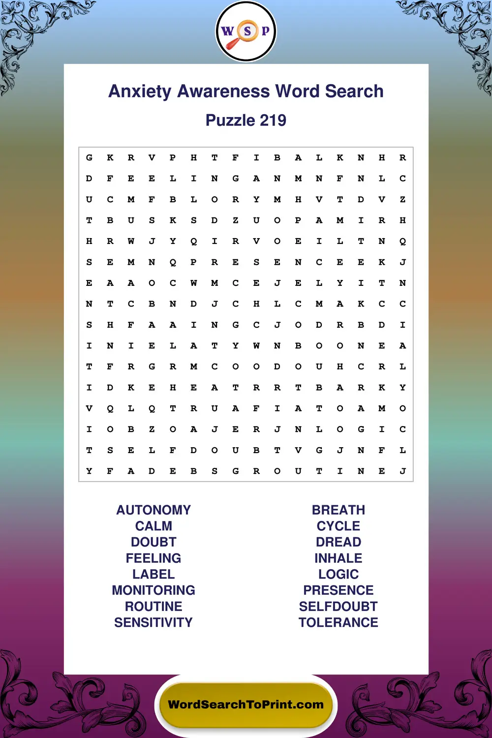 Anxiety Awareness Word Search Puzzle 219
