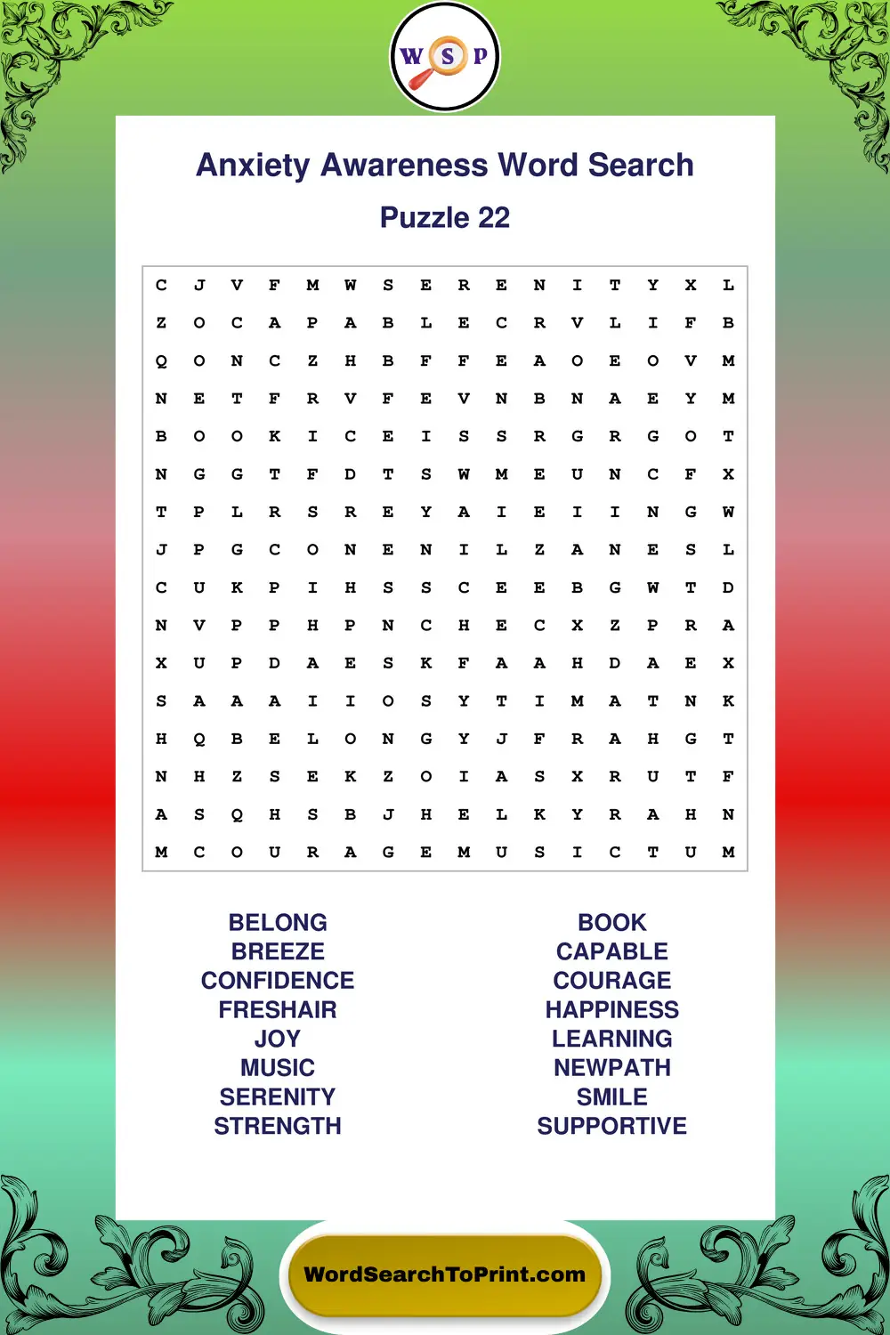 Anxiety Awareness Word Search Puzzle 22