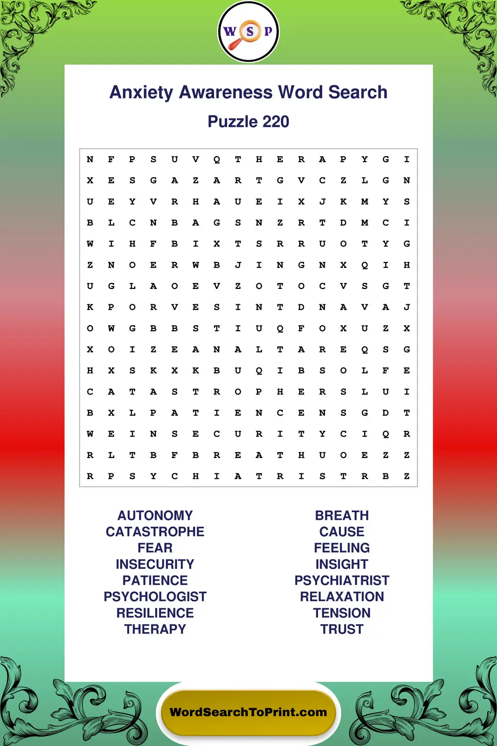 Anxiety Awareness Word Search Puzzle 220