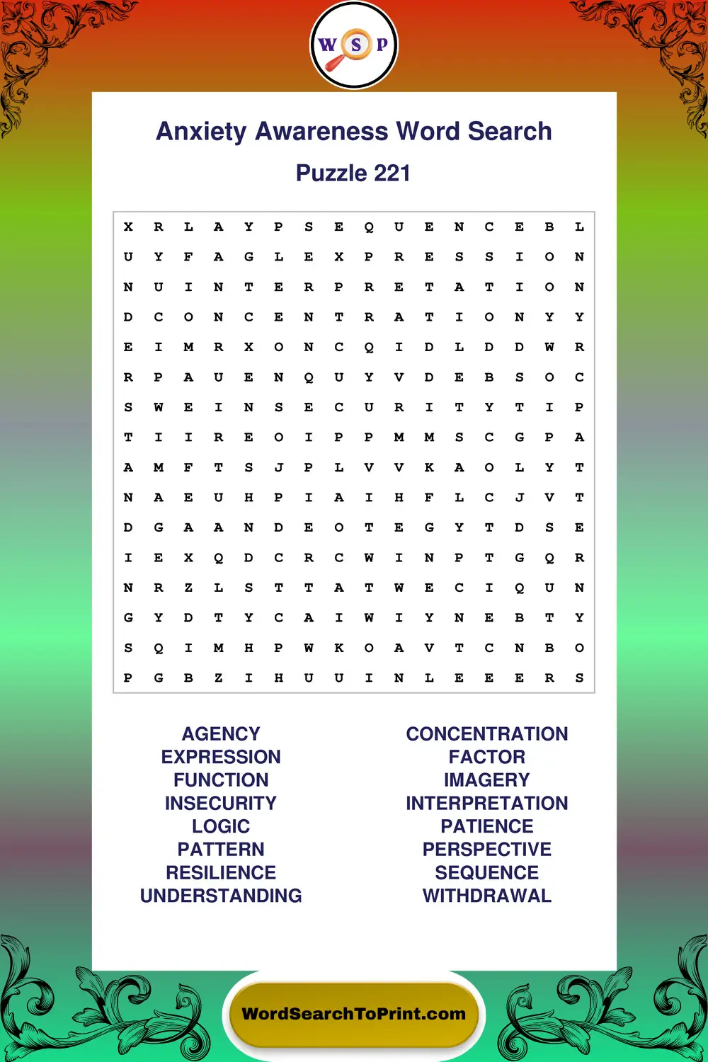 Anxiety Awareness Word Search Puzzle 221