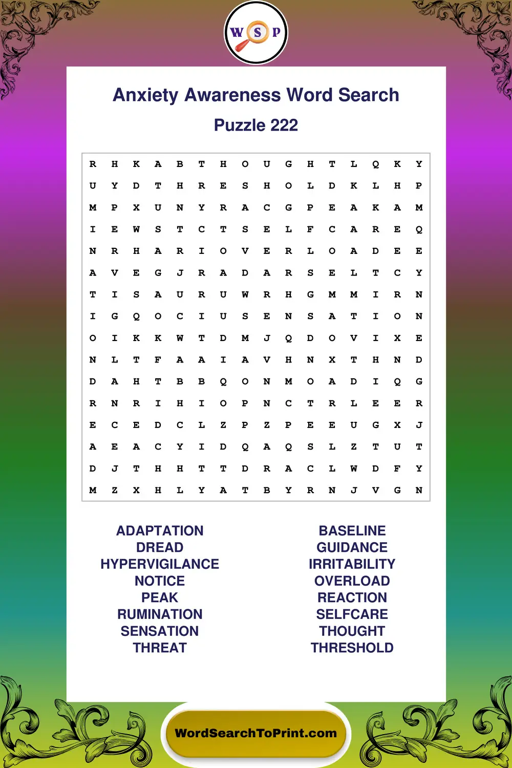 Anxiety Awareness Word Search Puzzle 222
