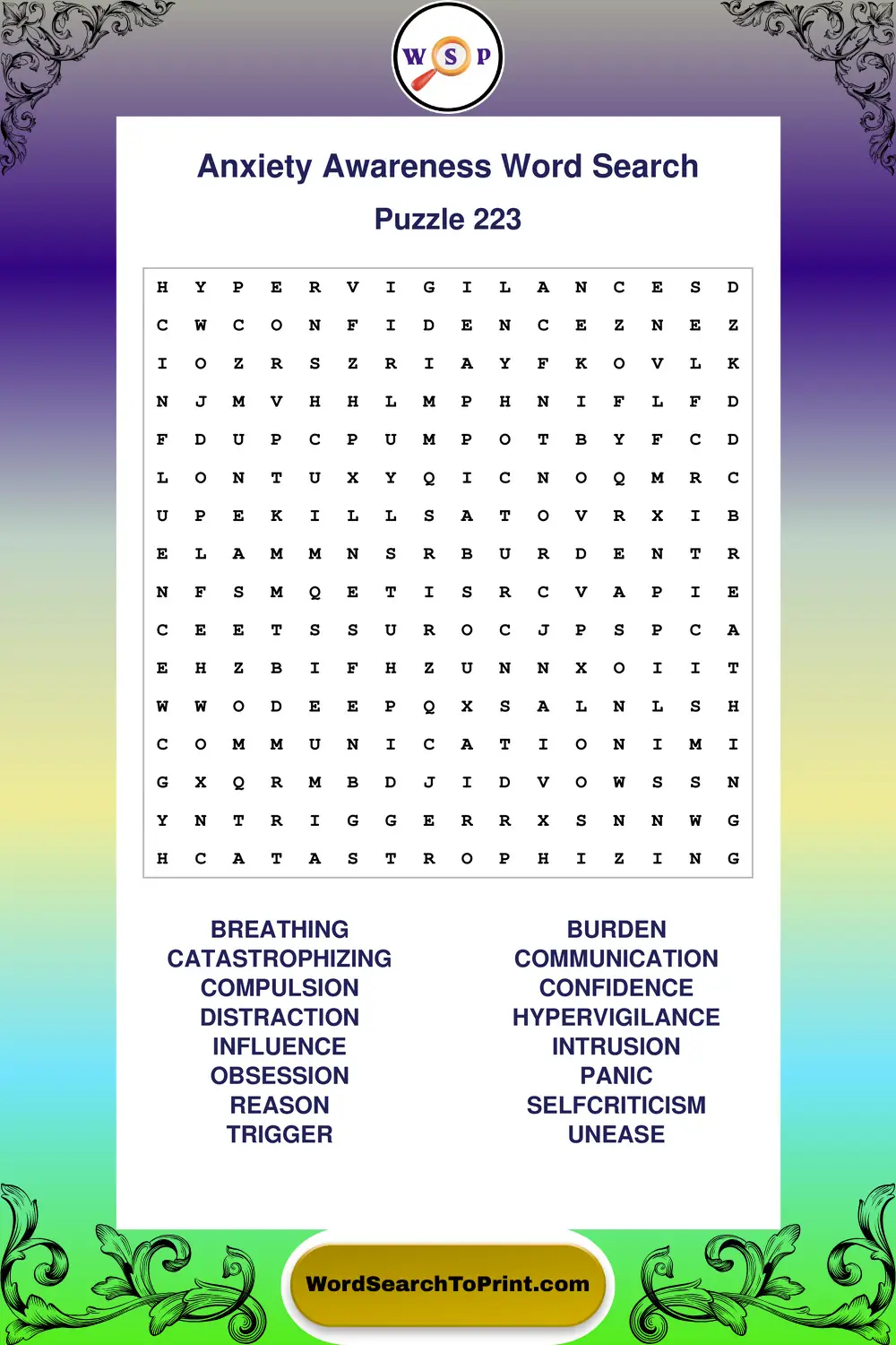 Anxiety Awareness Word Search Puzzle 223