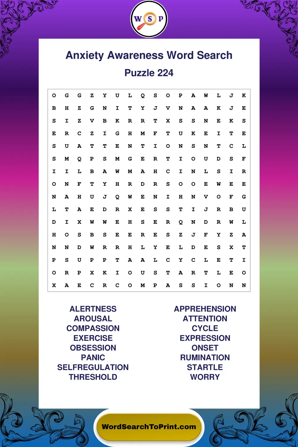 Anxiety Awareness Word Search Puzzle 224