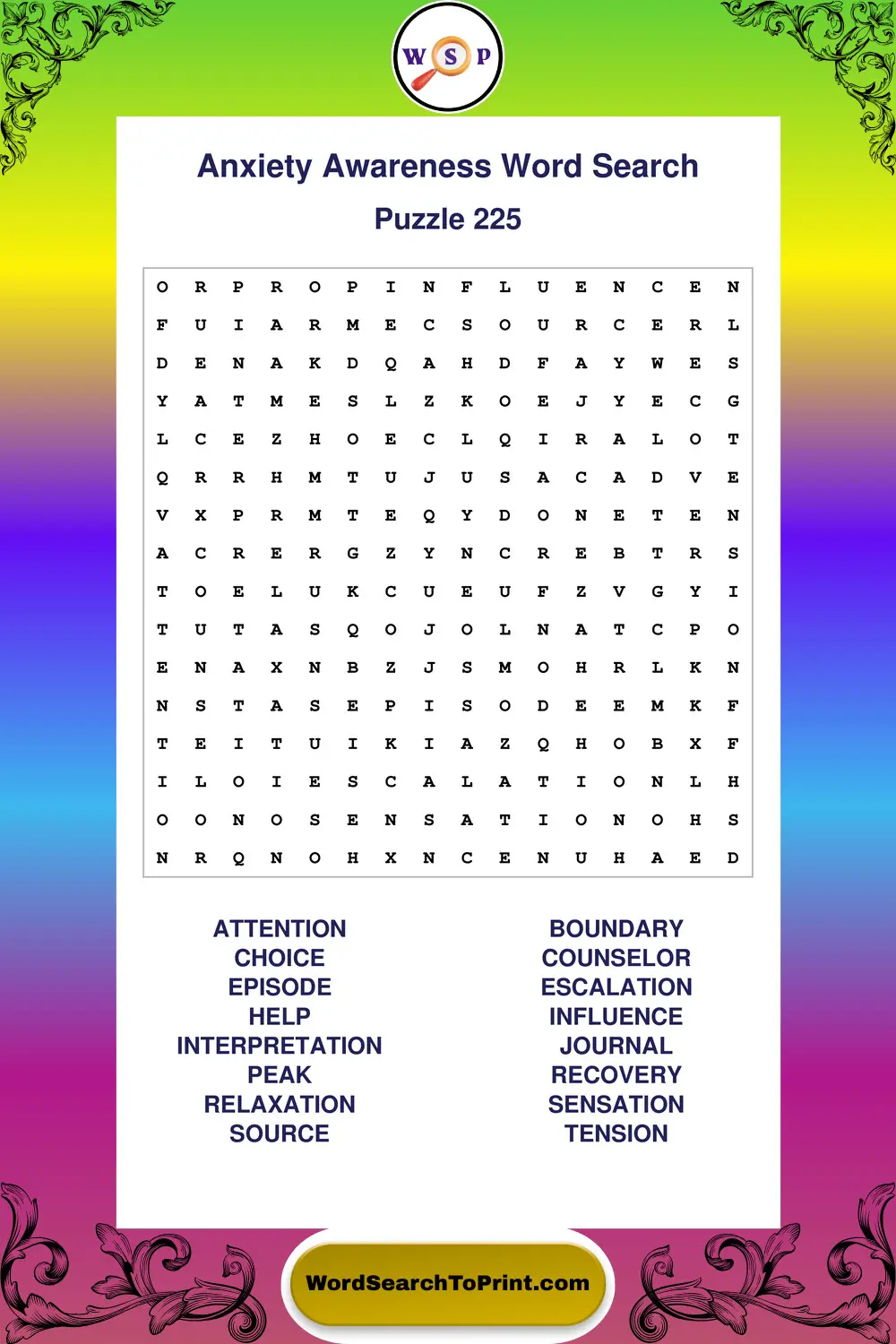 Anxiety Awareness Word Search Puzzle 225