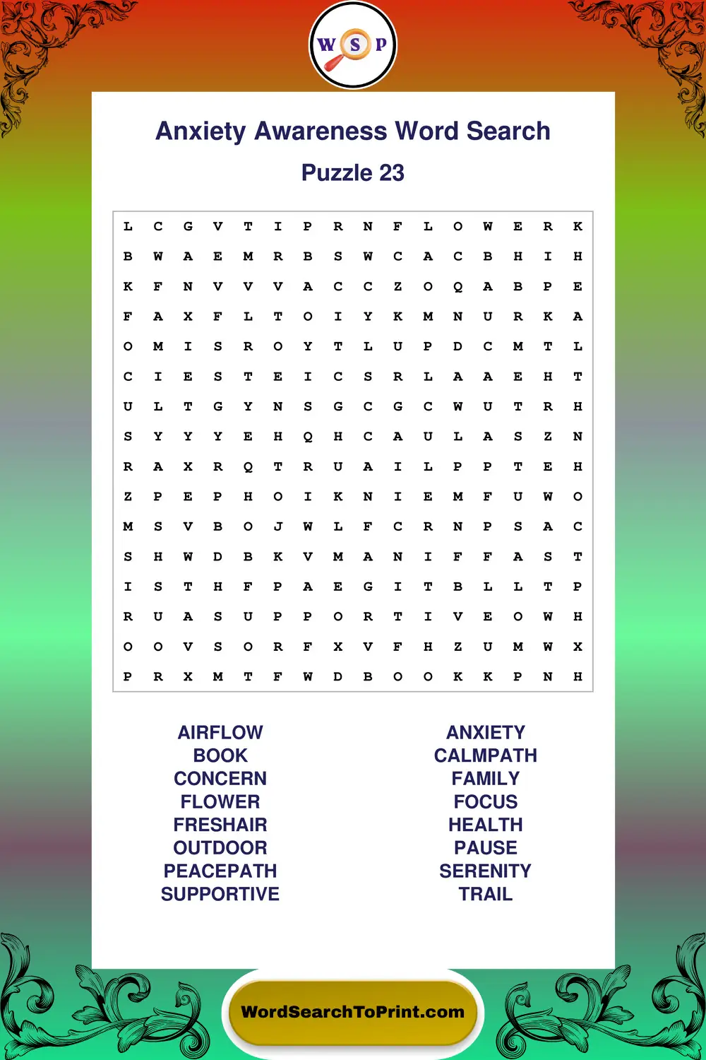Anxiety Awareness Word Search Puzzle 23