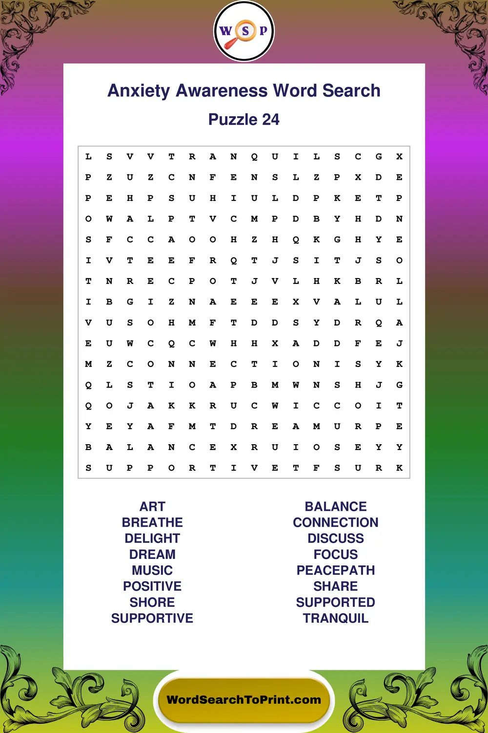 Anxiety Awareness Word Search Puzzle 24