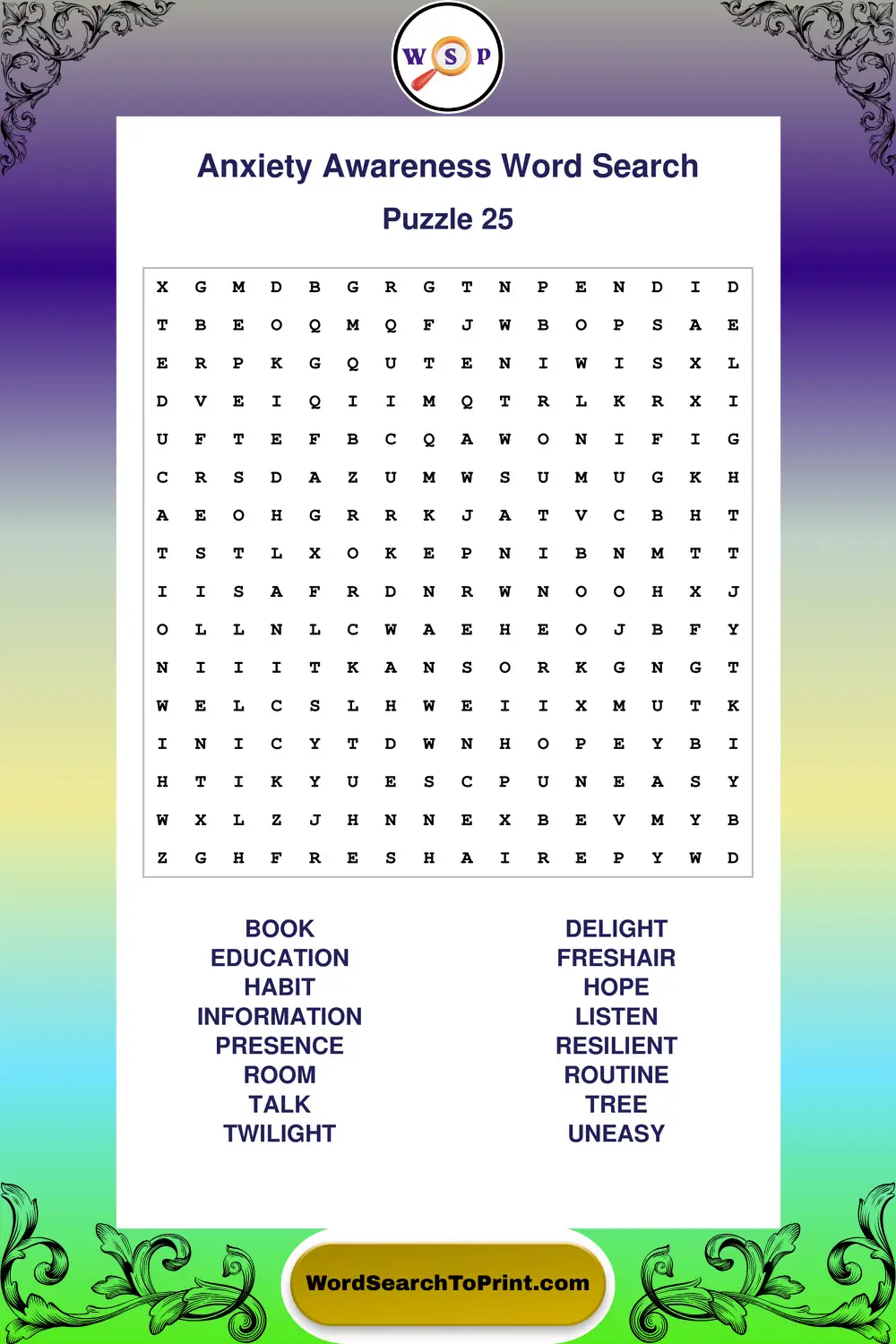 Anxiety Awareness Word Search Puzzle 25
