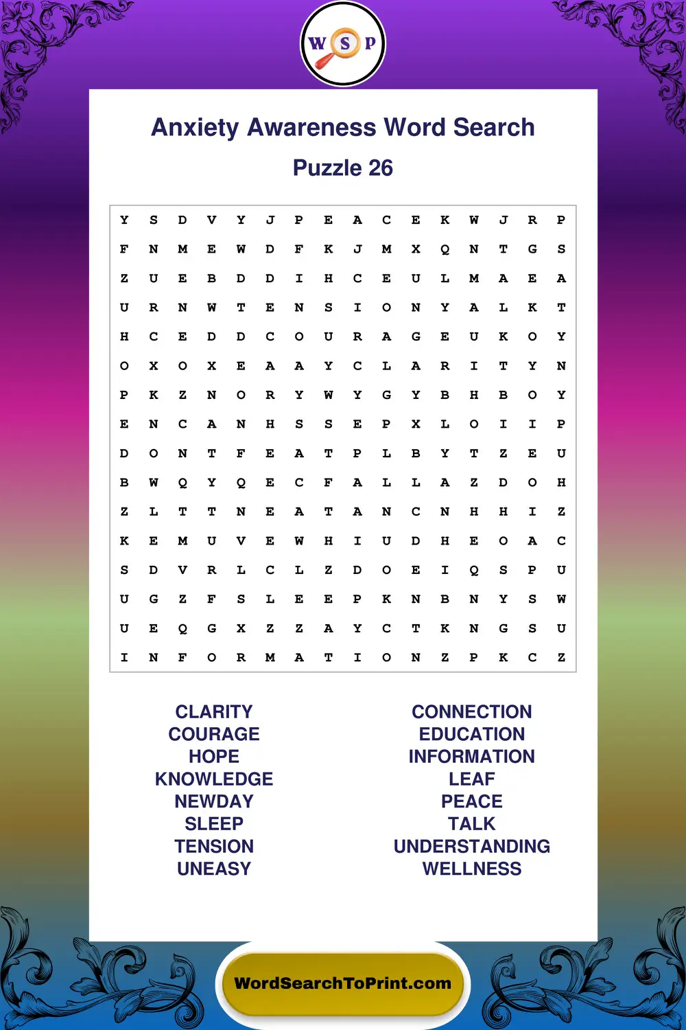 Anxiety Awareness Word Search Puzzle 26