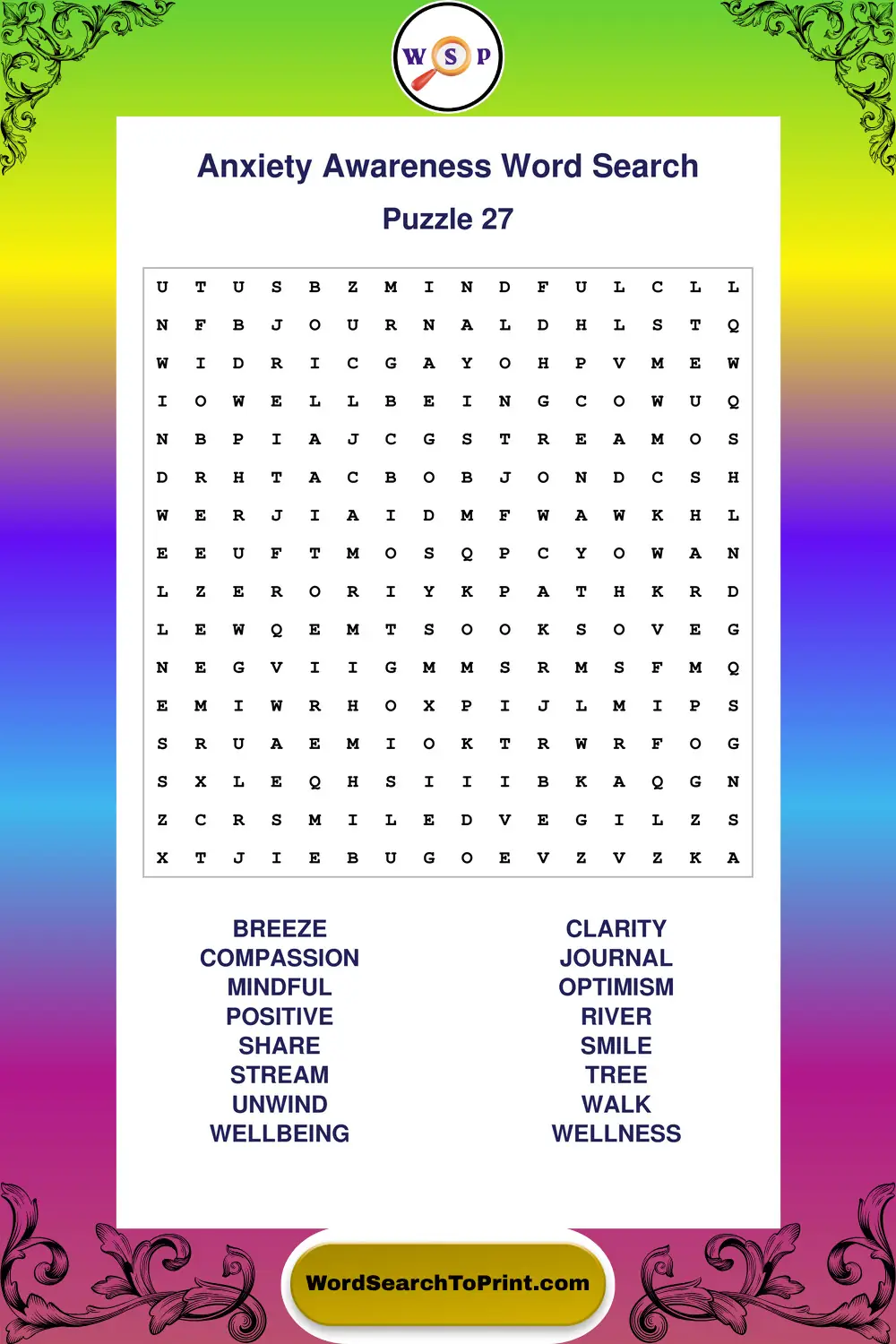 Anxiety Awareness Word Search Puzzle 27