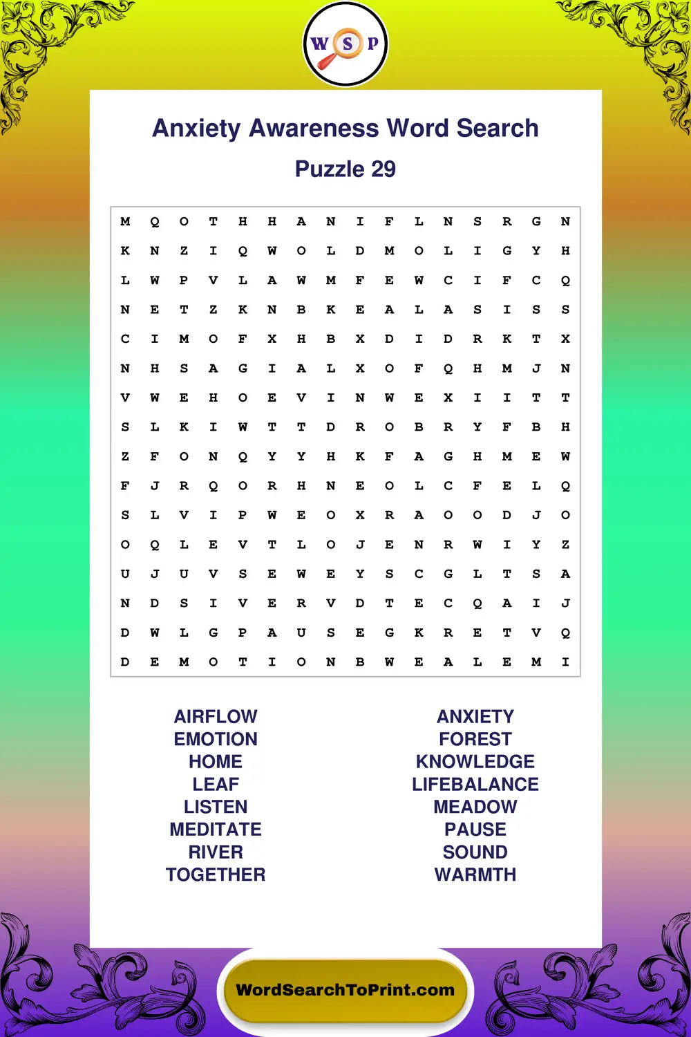Anxiety Awareness Word Search Puzzle 29