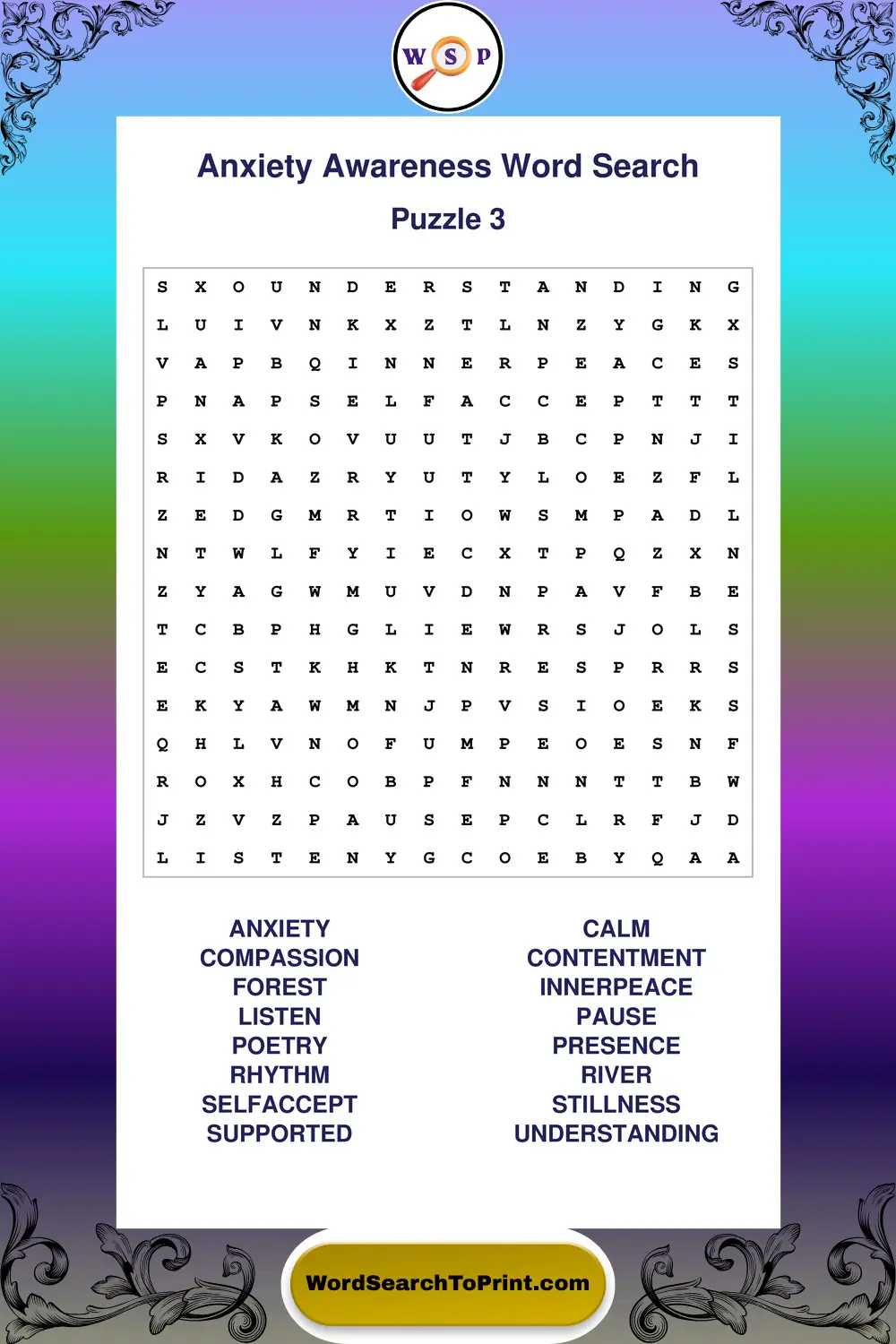 Anxiety Awareness Word Search Puzzle 3