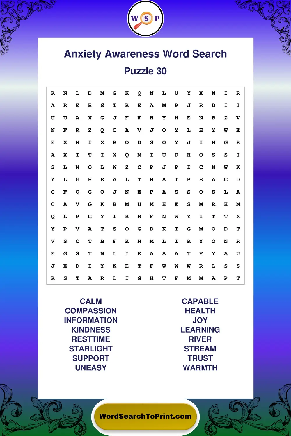 Anxiety Awareness Word Search Puzzle 30