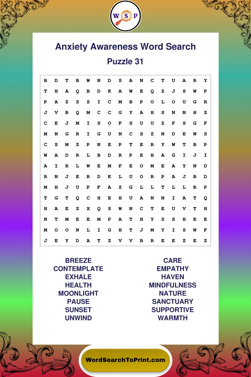 Anxiety Awareness Word Search Puzzle 31