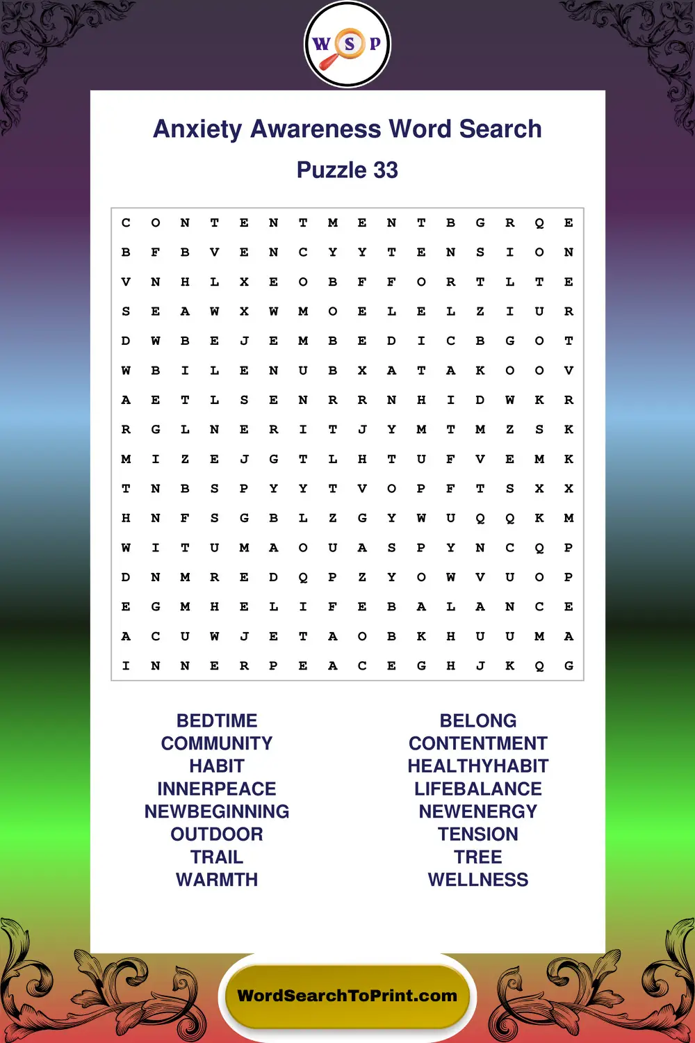 Anxiety Awareness Word Search Puzzle 33