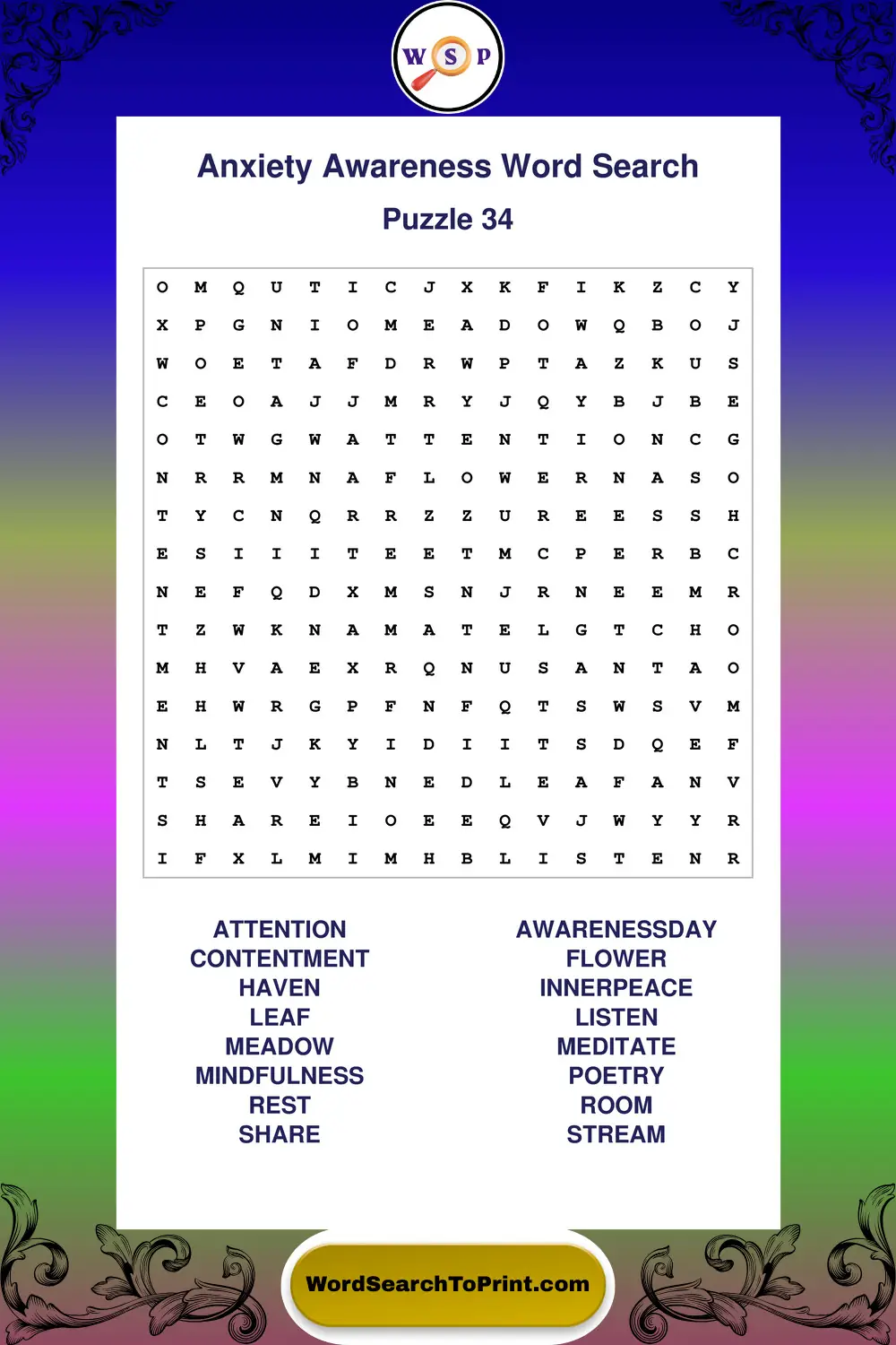 Anxiety Awareness Word Search Puzzle 34