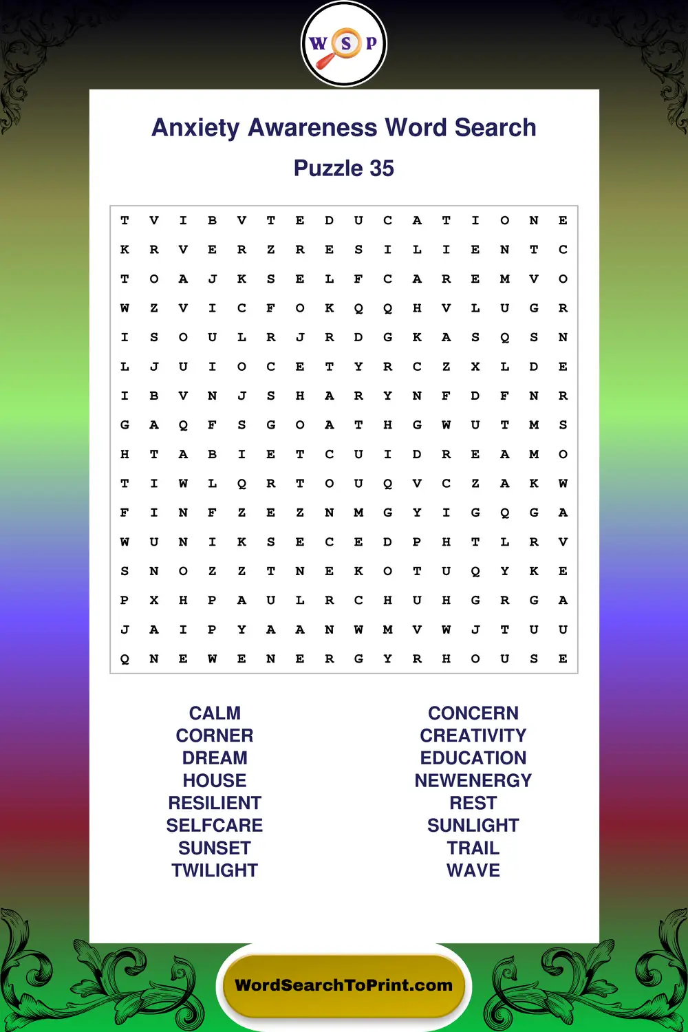 Anxiety Awareness Word Search Puzzle 35