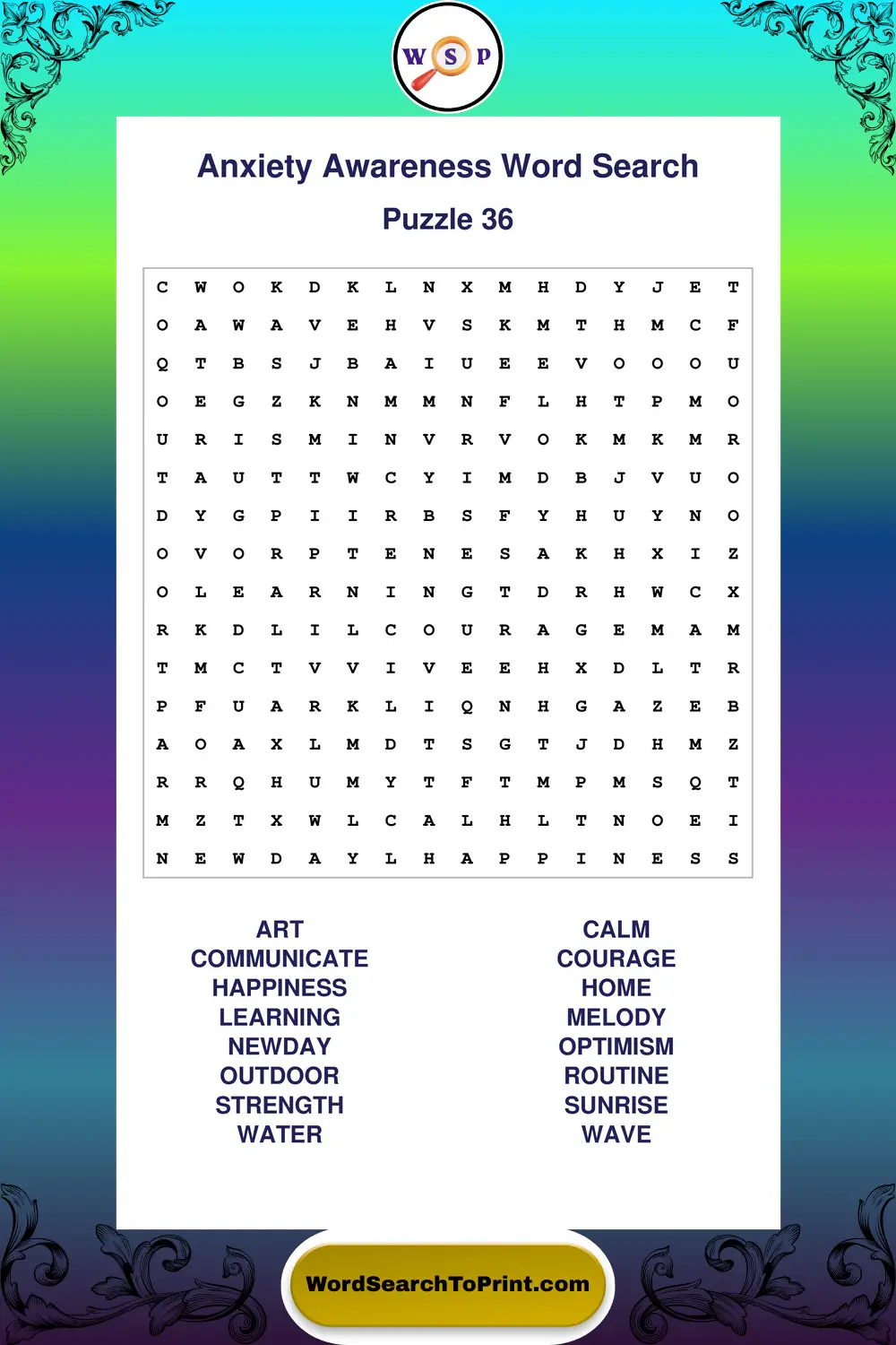 Anxiety Awareness Word Search Puzzle 36