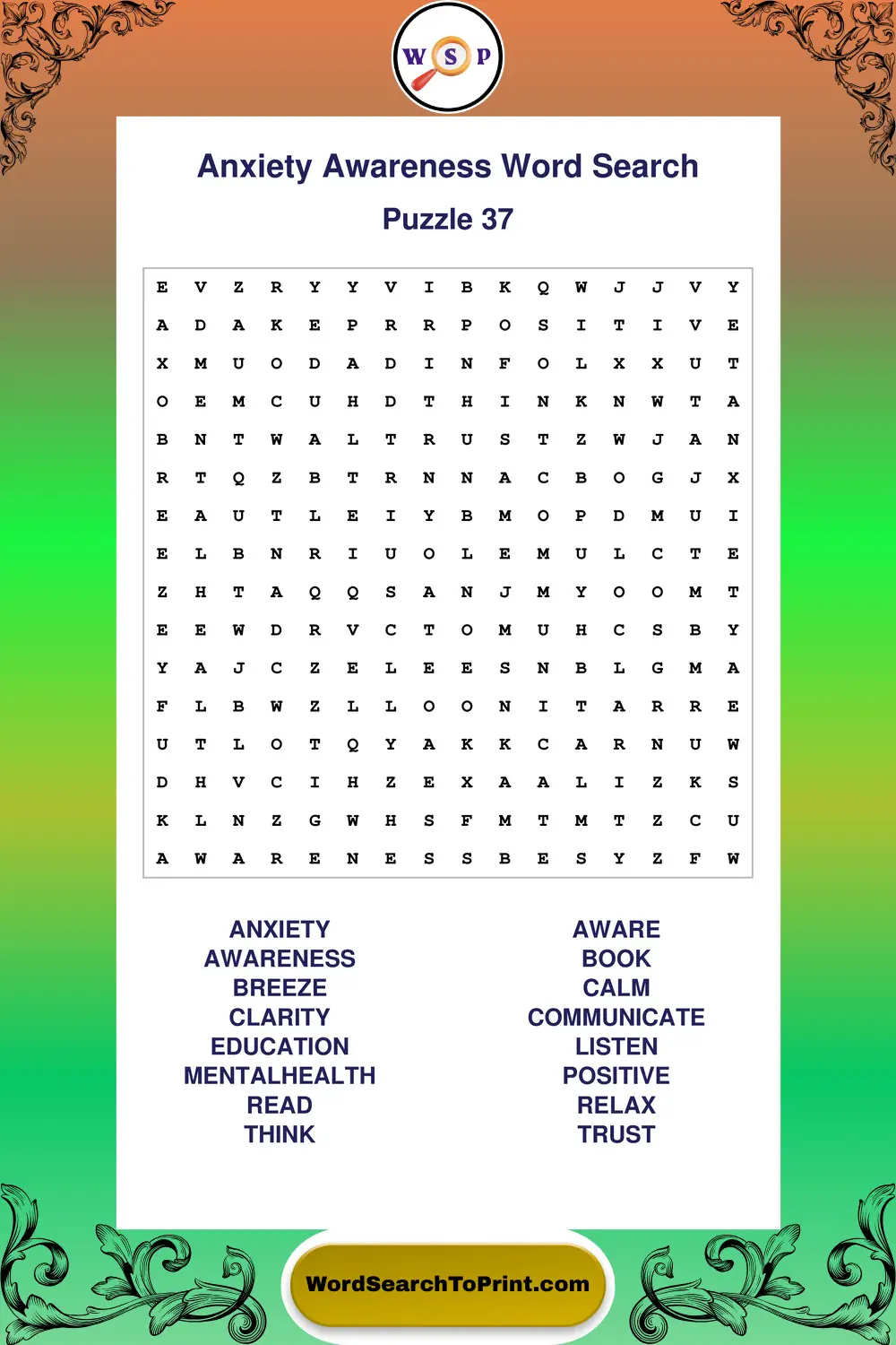 Anxiety Awareness Word Search Puzzle 37