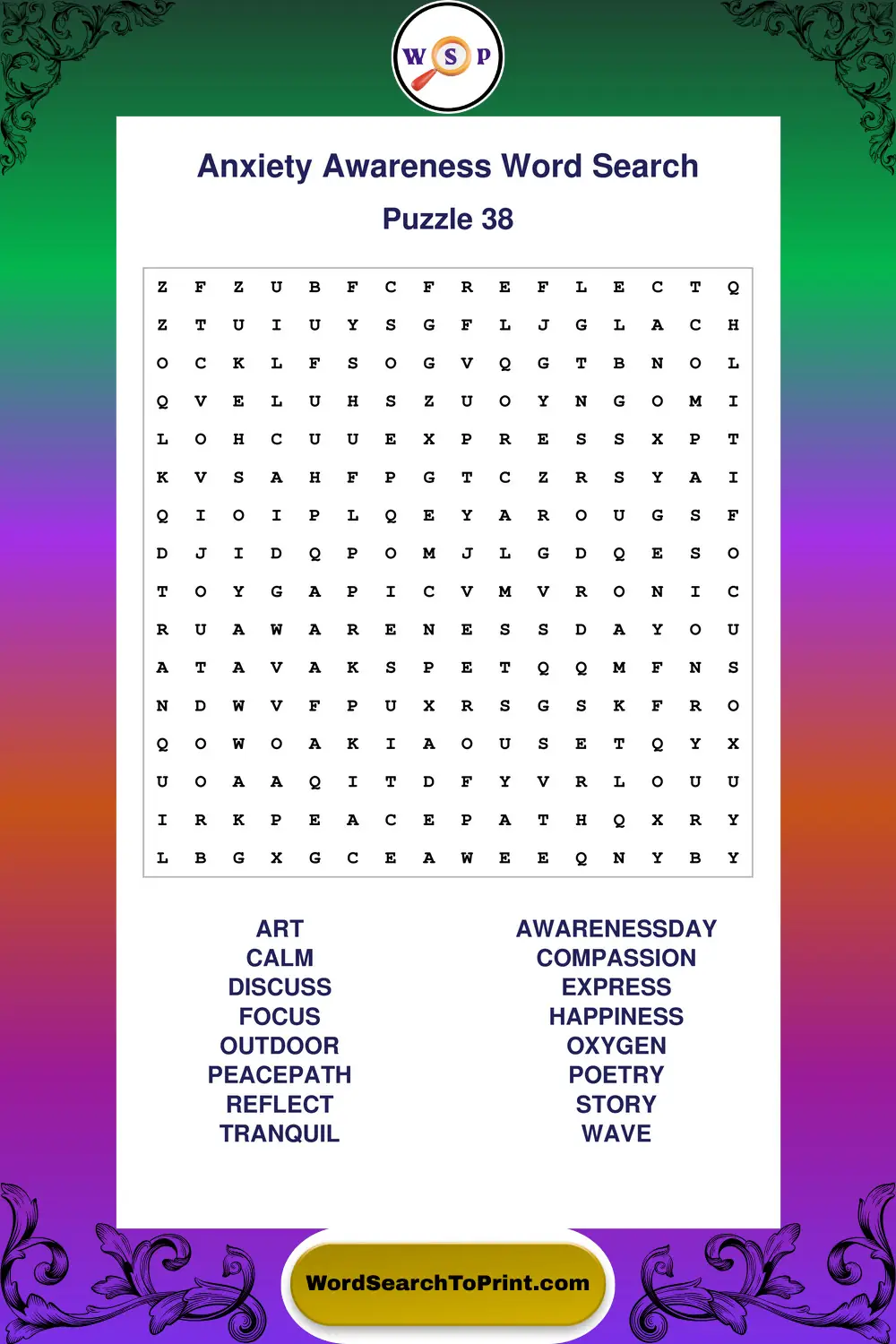 Anxiety Awareness Word Search Puzzle 38