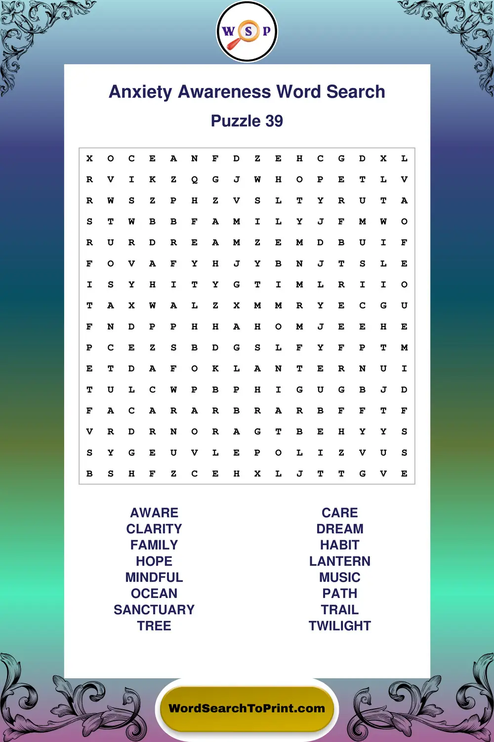 Anxiety Awareness Word Search Puzzle 39