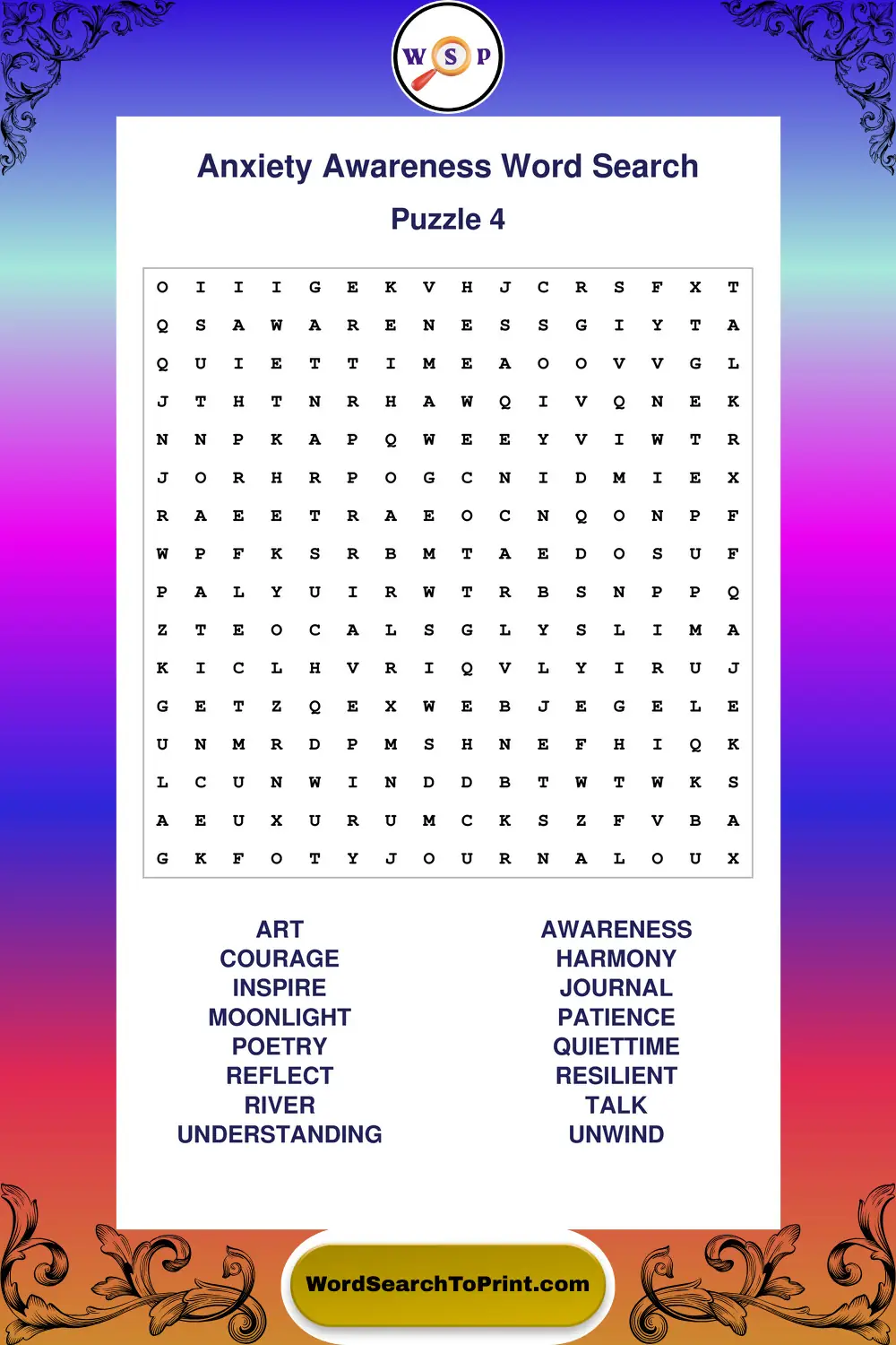 Anxiety Awareness Word Search Puzzle 4