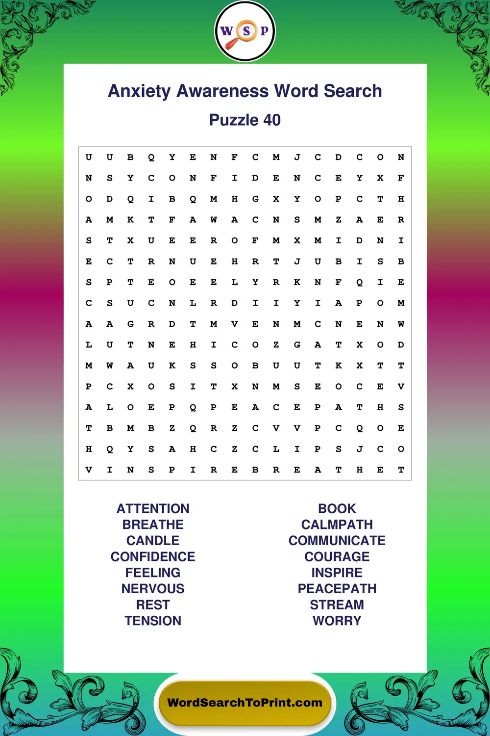 Anxiety Awareness Word Search Puzzle 40