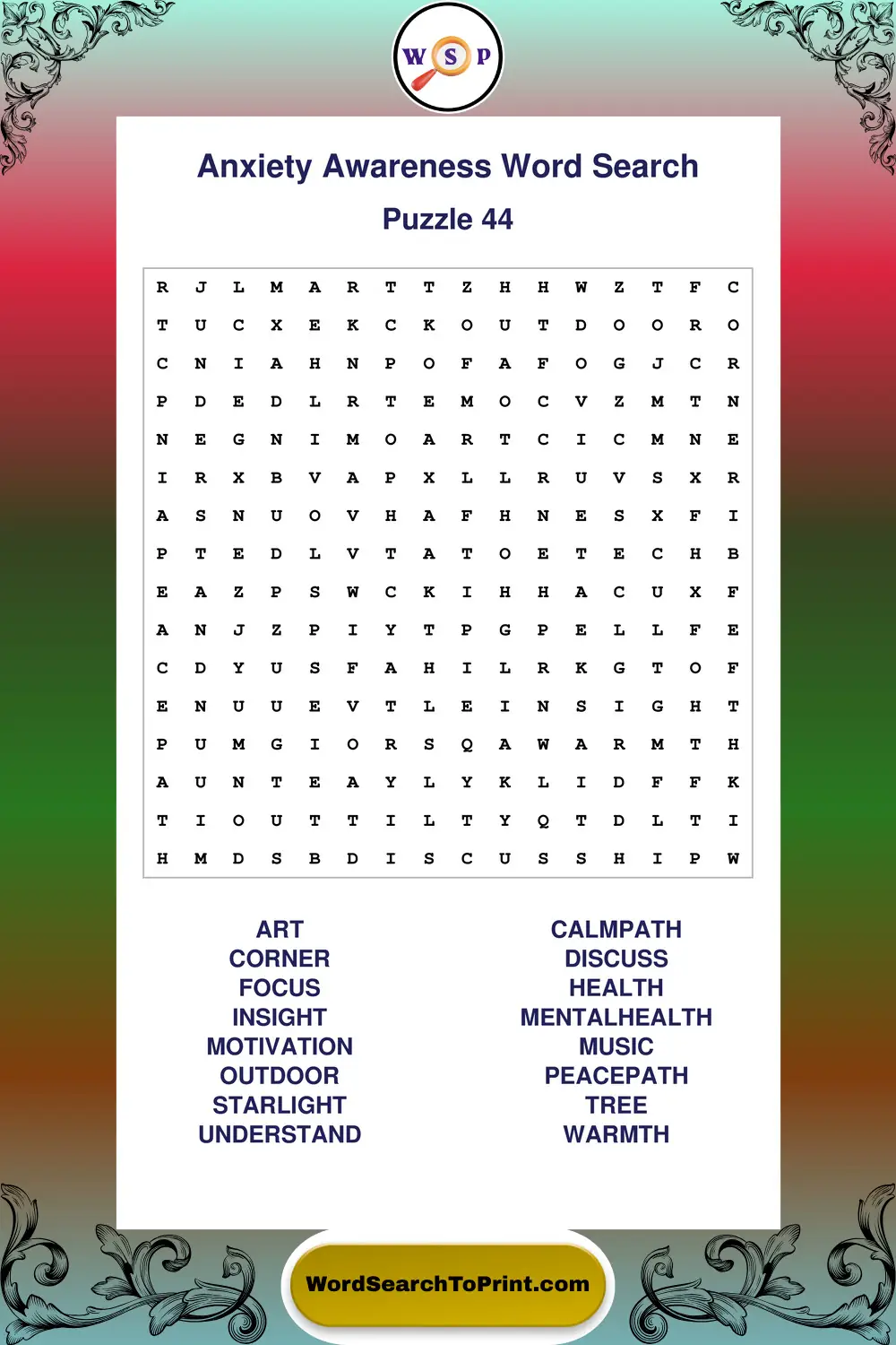 Anxiety Awareness Word Search Puzzle 44