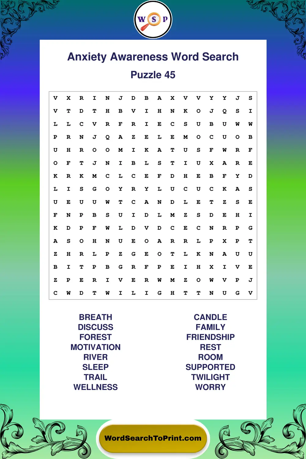 Anxiety Awareness Word Search Puzzle 45