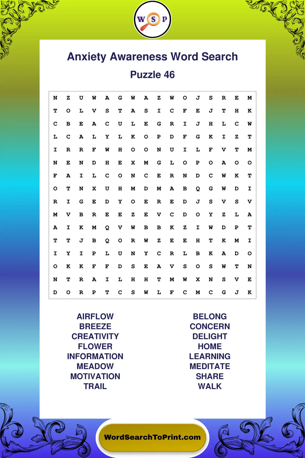 Anxiety Awareness Word Search Puzzle 46