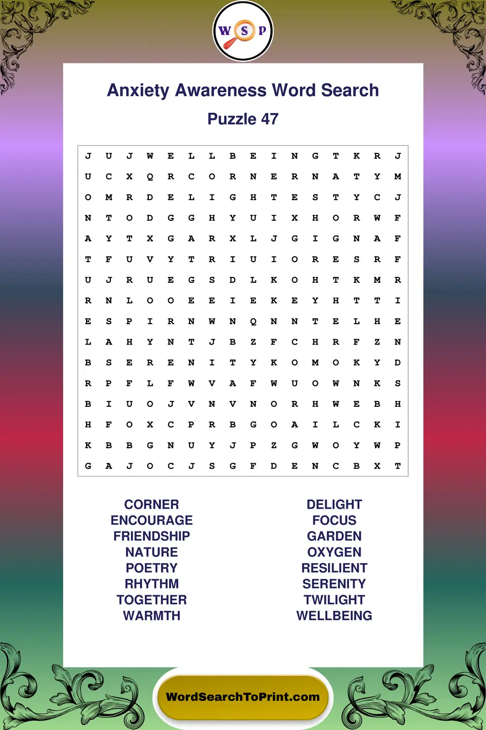 Anxiety Awareness Word Search Puzzle 47