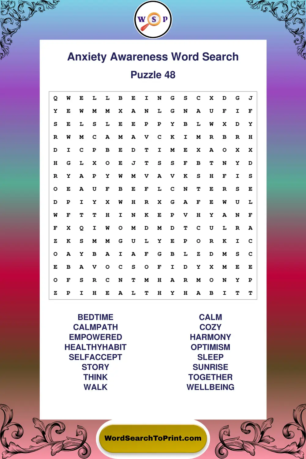 Anxiety Awareness Word Search Puzzle 48