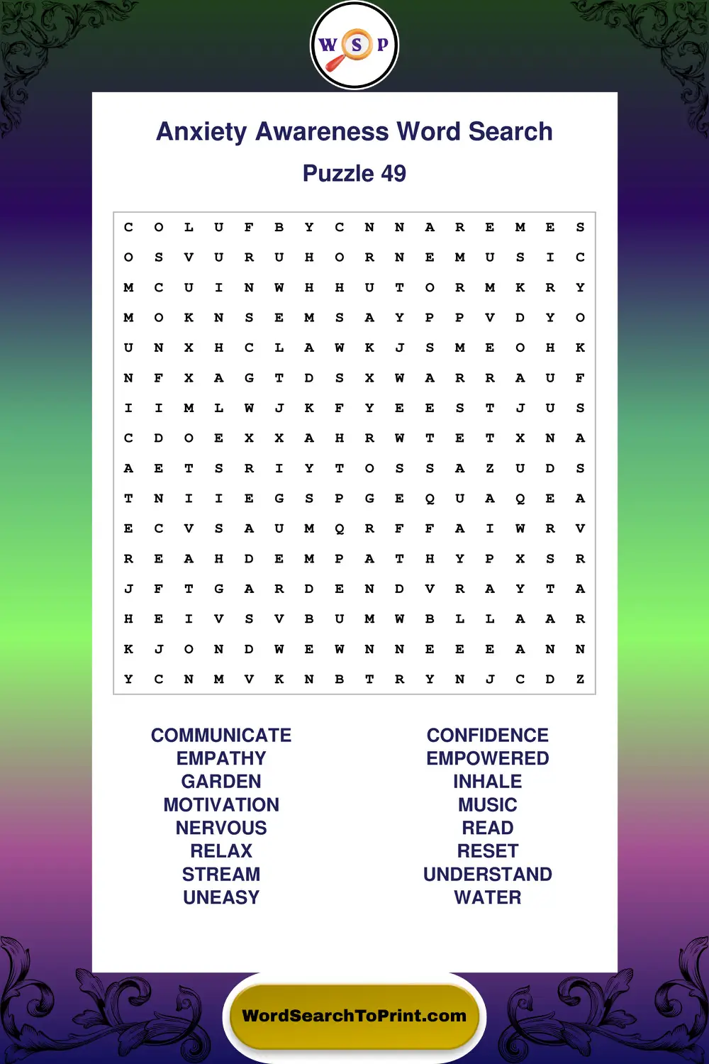 Anxiety Awareness Word Search Puzzle 49