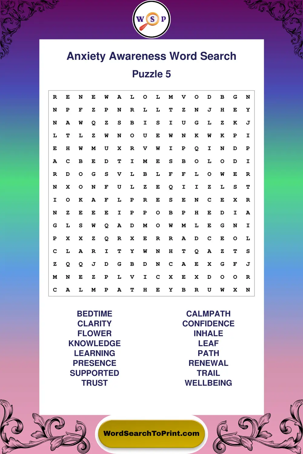 Anxiety Awareness Word Search Puzzle 5