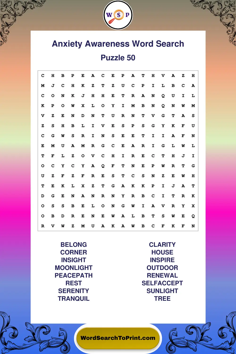Anxiety Awareness Word Search Puzzle 50