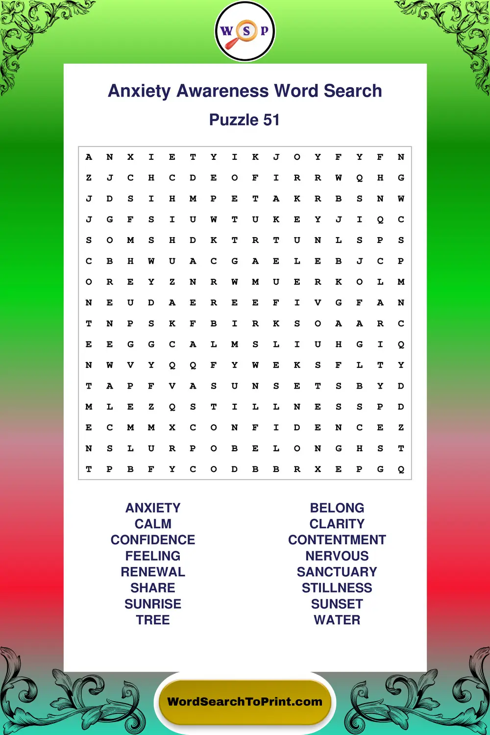 Anxiety Awareness Word Search Puzzle 51