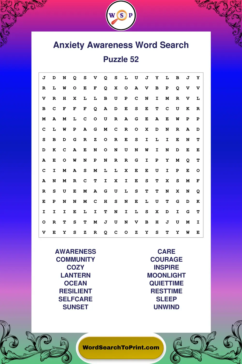 Anxiety Awareness Word Search Puzzle 52