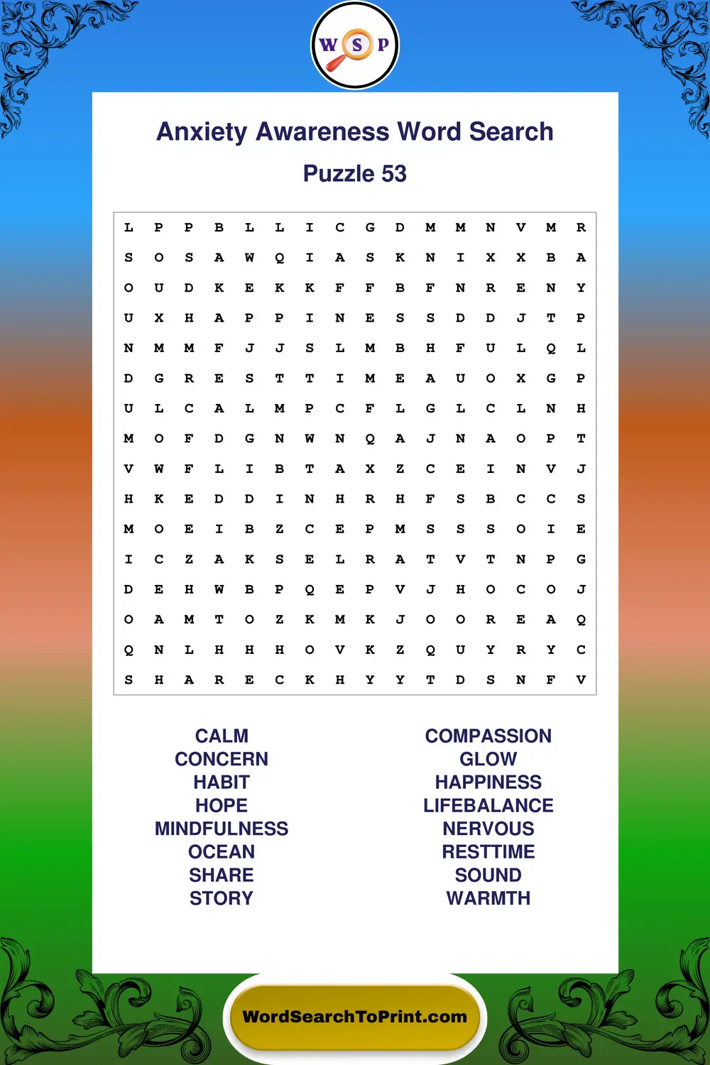 Anxiety Awareness Word Search Puzzle 53